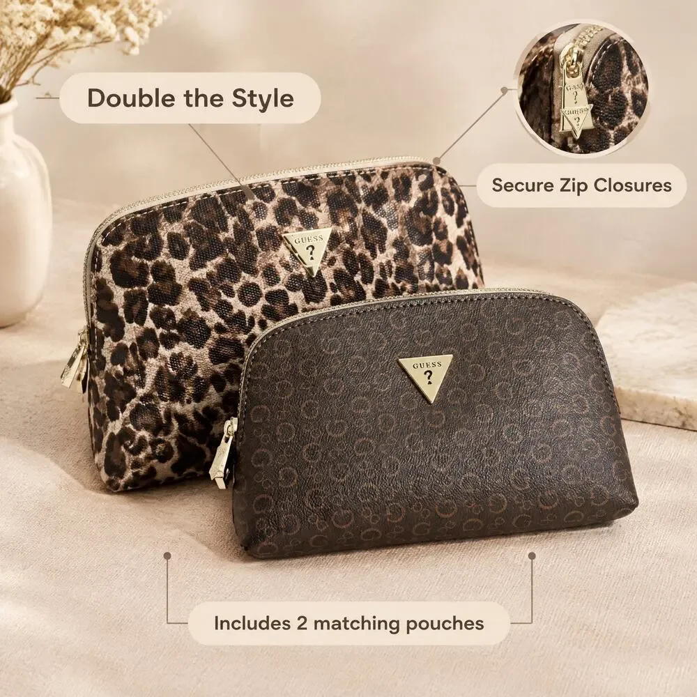 GUESS Travel Cosmetic Makeup Bag Brown Monogram Leopard Print Pouch